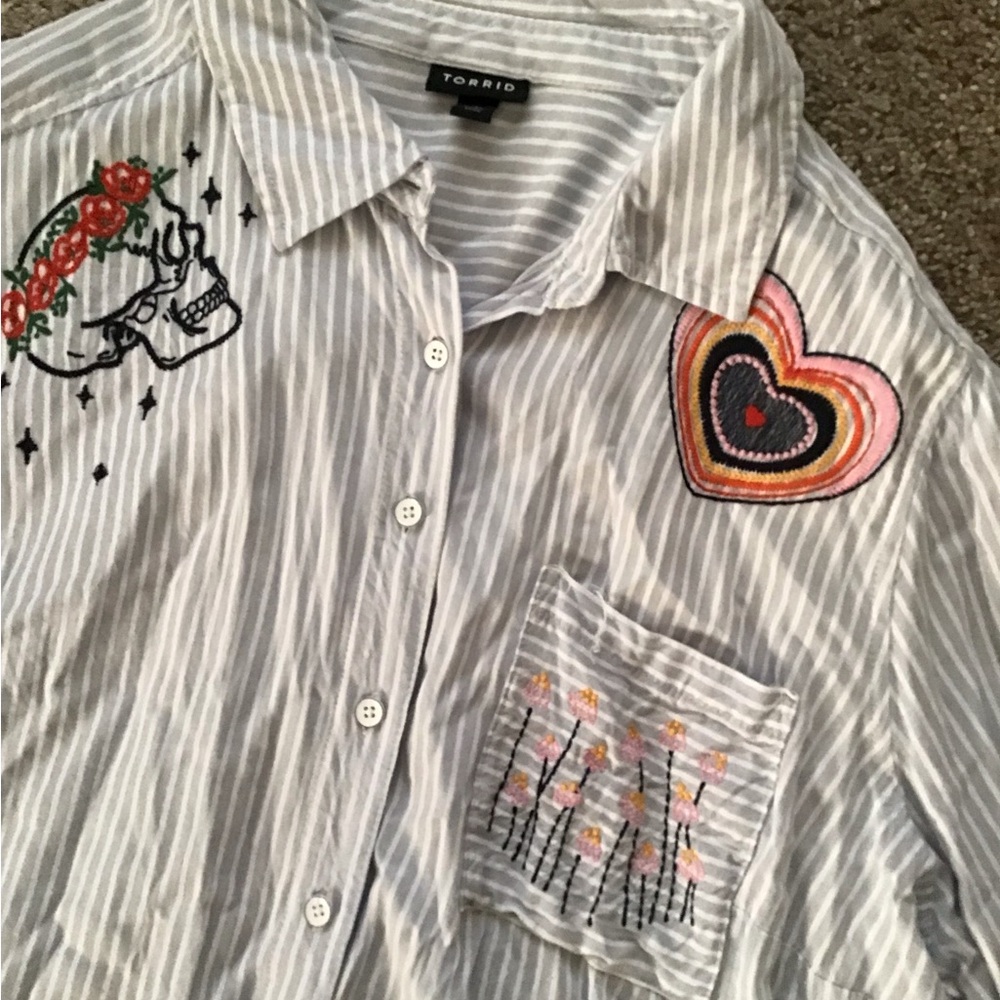 Torrid Blue Striped Embroidered Button Down Shirt - Picture 6 of 9